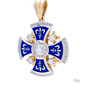 Diamond Jerusalem Cross 14K White & Yellow Gold and Blue Enamel Christian Gift