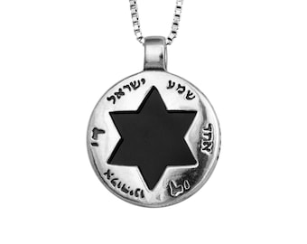 Shema Israel Blessing Star of David Jewish Pendant Silver 925 with Black Onyx