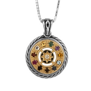 Round Kabbalah Pendant with Breastplate Stones Hoshen Silver 925 Gold 9K