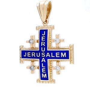 Jerusalem Cross Pendant 14K Yellow & White Gold Diamonds with Blue Enamel