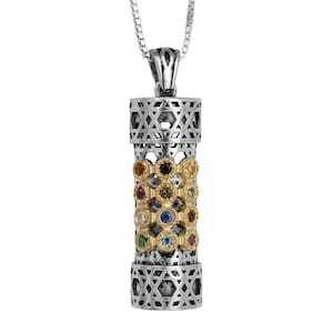 Kabbalah Amulet Mezuzah  Hoshen 12 Tribes of Israel Amulet Sterling Silver & Gold 9K