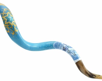 Artistic Yemenite Kudu Kosher Shofar 42"-45" Blue and Gold Israel Limited Edition