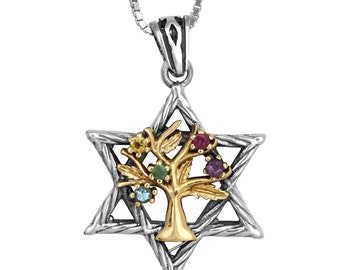 May include: A silver and gold pendant necklace featuring a tree of life design inside a Star of David. The tree has green, blue, red, and yellow gemstones.