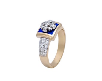 14K Gold Square Christian Ring with 29 Diamonds and Blue Enamel