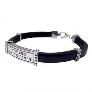 Kabbalah Men&#39;s Bracelet Shema Israel Sh&#39;ma Yisrael Silver 925  Leather