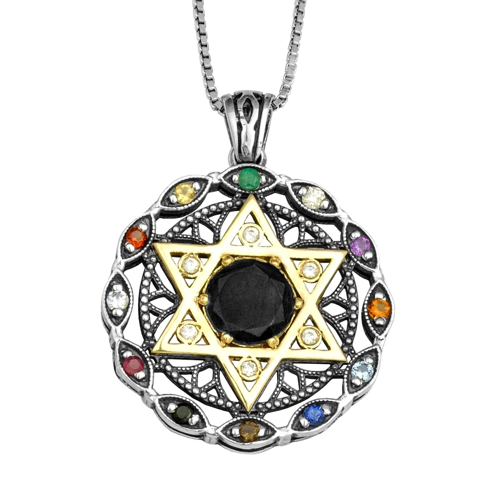 Round Kabbalah Talisman Magen David with Hoshen Stones Magen David and Black Onyx 925 Sterling Silver Gold 9k