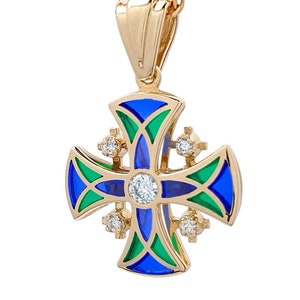 14K Gold Jerusalem Cross Pendant Stained Glass Enamel and 5 Diamonds Blue Green
