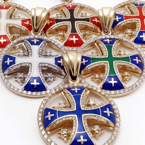 14k Gold Diamond Circle Necklaces Jerusalem Cross 6 Variants of Enamel Color Pendant