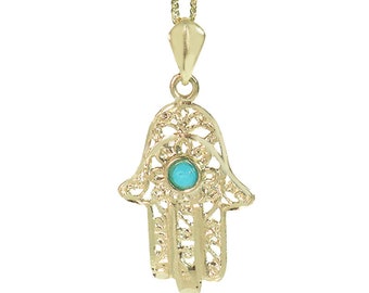 Hamsa Pendant 14K Yellow Gold with Filigree Decorations and a Turquoise Stone 2.6X1.5 cm