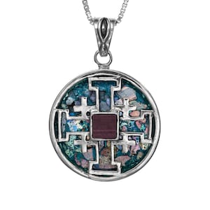 Jerusalem Kreuz mit Nano Bibel Anhänger Halskette Silber 925 mit römischem Glas