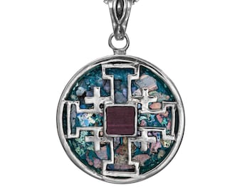 Jerusalem Cross with Nano Bible Pendant Necklace Silver 925 with Roman Glass