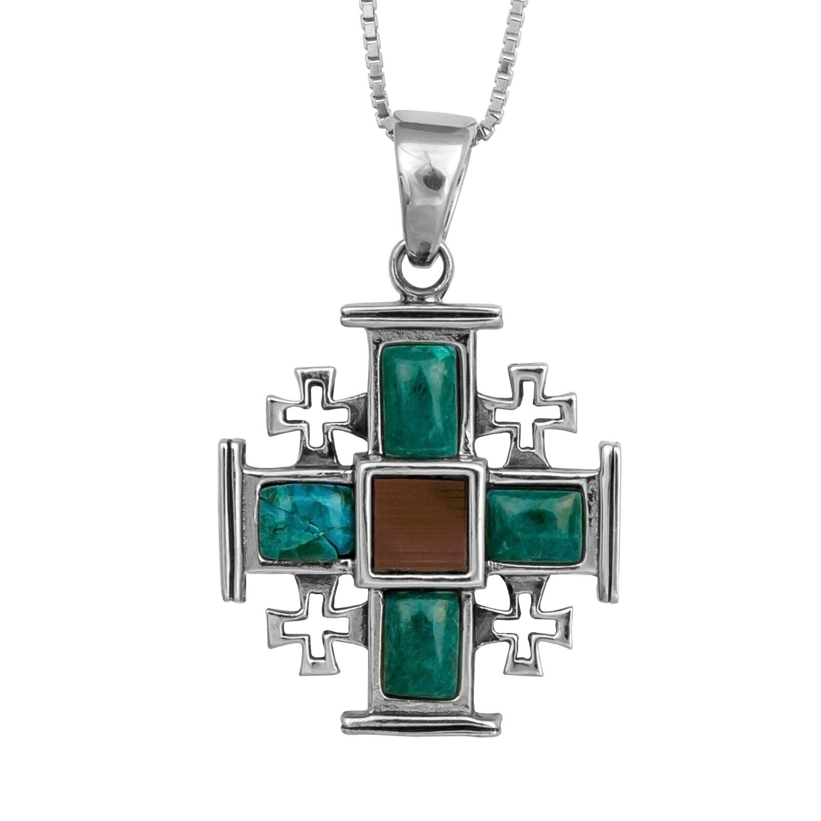 Nano Bible Jerusalem Cross Pendant Necklace Silver 925 with Eilat Stone