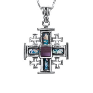 Nano Bibel Jerusalem Kreuz Anhänger Halskette Silber 925 mit römischem Glas