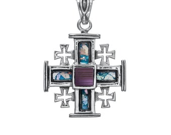 Nano Bible Jerusalem Cross Pendant Necklace Silver 925 with Roman Glass