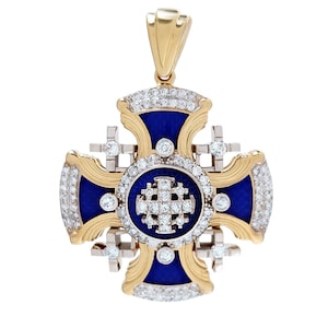 Products 14K Gold Vintage Jerusalem Cross Pendant with blue enamel and diamonds