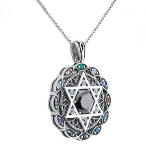 Rounded Kabbalah Pendant with Hoshen stones Silver 925 Magen David and Black Onyx