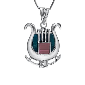Jerusalem Nano Bible Torah Pendant King David&#39;s Harp Eilat Stone Necklace Silver 925