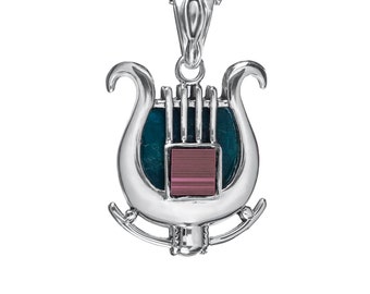 Jerusalem Nano Bible Torah Pendant King David's Harp Eilat Stone Necklace Silver 925
