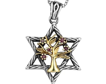 May include: A silver pendant necklace with a gold tree of life design inside a Star of David. The tree has red gemstones for leaves and fruit.