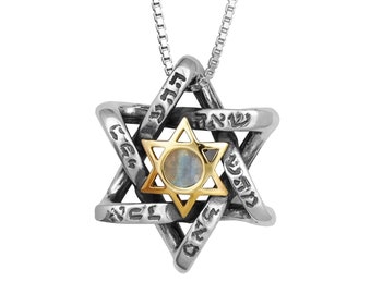 Kabbalah pendant Star of David with labradorite, 9K gold, silver