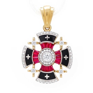 May include: A gold pendant with a red and black enamel cross. The cross is decorated with small diamonds and a larger diamond in the center.