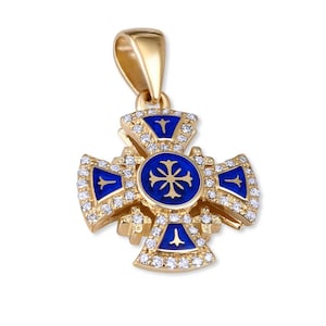 Jerusalem Cross Pendant Gold 14K with 56 Diamonds and Blue Enamel