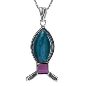 Collier de poisson pendentif conçu par la Nano Bible de Jérusalem en argent 925 avec pierre d'Eilat de Terre Sainte
