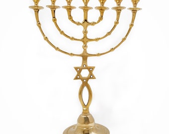 Gold Plated Jewish Candle Holder 7 Branched with Star of David 15,7 inch brass Menorah