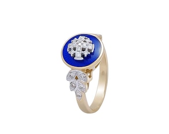 14K Gold Christian Ring with Jerusalem Cross 25 Diamonds and Blue Enamel
