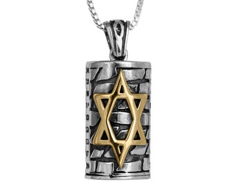 Kabbalah Pendant Mezuzah w/Prayer Ana Be-Koah Sterling Silver & Gold 9K