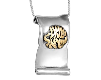 Scroll Pendant SHEMA ISRAEL Kabbalah Blessing Sterling Silver & Gold 9K
