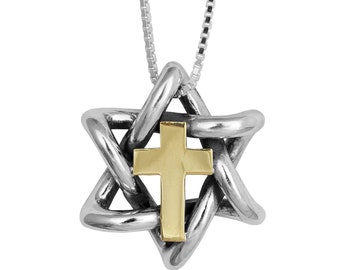 Messianic Pendant Talisman Star of David Pendant with Gold Cross 9K Sterling Silver