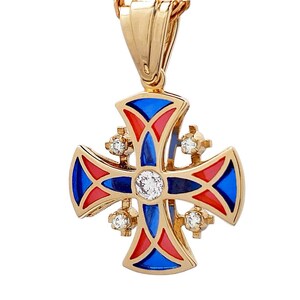14K Gold Jerusalem Cross Pendant Stained Glass Enamel and 5 Diamonds Blue Red
