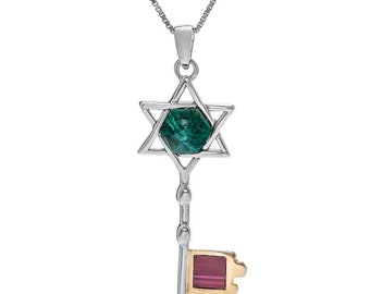 Jerusalem Nano Bible Torah Pendant Key Star of David Necklace Silver 925 Gold 9K with Eilat Stone