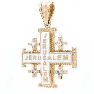 Jerusalem Cross Pendant 14K Yellow & White Gold Diamonds with White Enamel