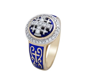 14K Gold Jerusalem Cross Christian Ring with 41 Diamonds and Blue Enamel and Roman Crosses