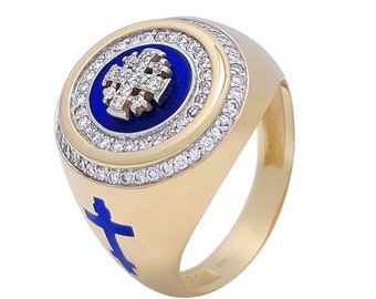 14K Gold Men's Jerusalem Cross Signet Ring with 83 Diamonds and Blue Enamel