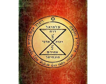 Puede incluir: Un fondo vintage rojo y dorado desgastado con un sello circular en el centro. El sello presenta una estrella de David, un triángulo y texto hebreo. El texto dice: "אלהים ויאמר לההֶם אֱלֹהִים פָּרוּ. וּרְבוּ וּן", "וַיְבָרֵךְ אתם", "אדני", "דגליאל", "יהוה", "עלמיאל", "רוח", "וּמִלְאוֹ", "את הארץ ובבשה:"