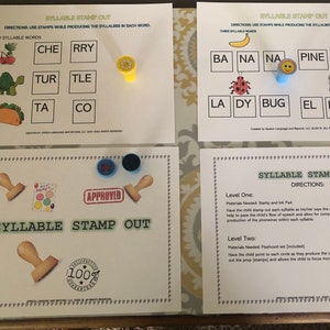 May include: Syllable Stamp Out activity for kids.  The activity includes two worksheets with pictures and words.  The first worksheet has two-syllable words and the second worksheet has three-syllable words.  The activity also includes a set of stamps and ink pads.