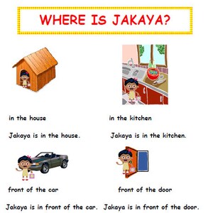 May include: A colorful illustration shows a girl named Jakaya in different locations. She is in the house, in the kitchen, in front of a car, and in front of a door. The text "Where is Jakaya?" is at the top of the image.
