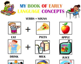 My Book of Early Language Concepts Speech Therapy Activity for Preschoolers and Toddlers Receptive-Expressive Language Creating Sentences