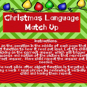 Puede incluir: Una tarjeta de instrucciones roja y blanca con temática navideña con un fondo verde de chevron. La tarjeta tiene un título que dice "Christmas Language Match Up" e instrucciones para una actividad de aprendizaje de idiomas.