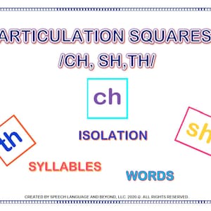 Könnte beinhalten: Artikulationssquares für Sprachtherapie mit den Lauten /ch/, /sh/ und /th/. Die Quadrate sind in verschiedenen Farben und haben die Laute in weißen Buchstaben geschrieben. Der Titel der Seite lautet "Artikulationssquares: /CH, SH, TH/" und der Text unter den Quadraten lautet "Isolation, Silben, Wörter".