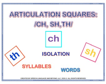 Articulation Squares Speech Therapy Articulation Workbook for CH, TH, SH in Isolation, Syllables, and Words Blending and Segmenting Phonemes