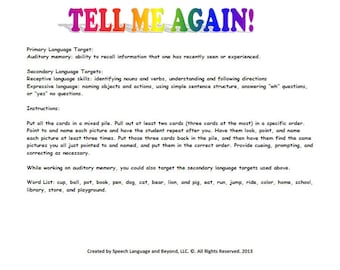 Tell Me Again-Speech Therapy Printable Language Book for Toddlers and Preschoolers for Auditory Memory- Receptive and Expressive Language