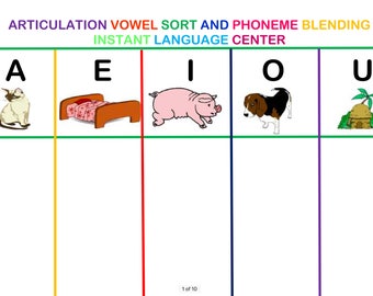 Articulation Vowel Sort and Phoneme Blending Instant Language Center Speech Therapy Printable Activity Book Phonological Awareness