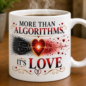 May include: A white ceramic mug featuring the black and red text MORE THAN ALGORITHMS, IT'S LOVE. The design includes a central glowing heart, binary code, mathematical symbols, and a heartbeat line, surrounded by small red hearts and gold flourishes.