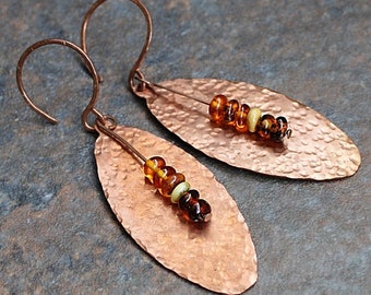 Hammered copper earrings gift for her amber earrings boho earrings bohemian earrings fashion earrings