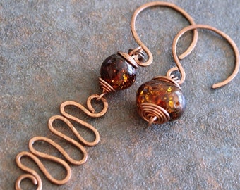 Hammered earrings, asymmetric earrings, avant garde earrings, amber earrings