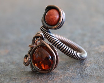 Amber ring adjustable wire wrapped rings, coral ring